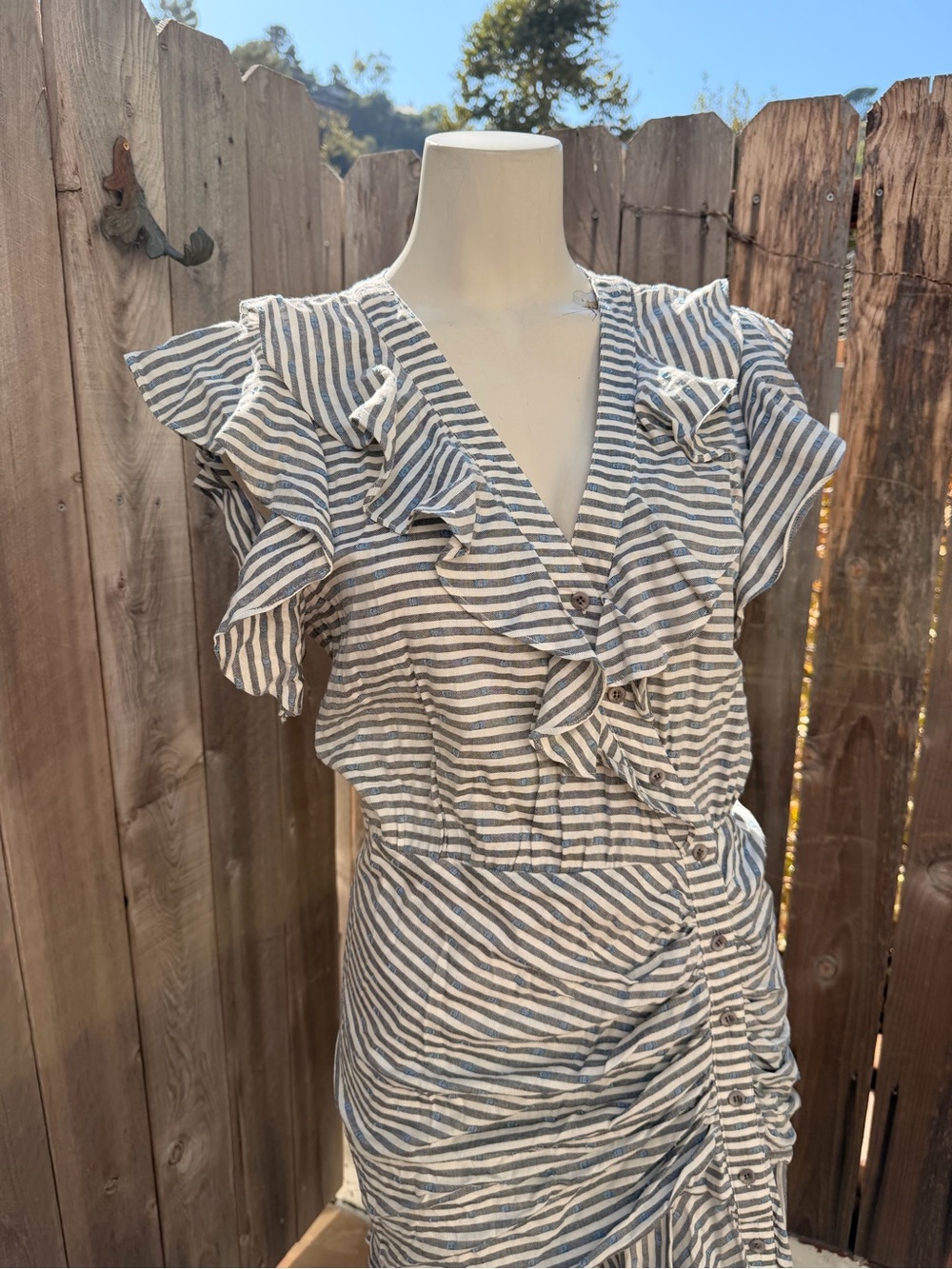 Veronica Beard Kai Striped Ruffle Button-Front Mini Dress in Blue & White - Picture 9 of 13